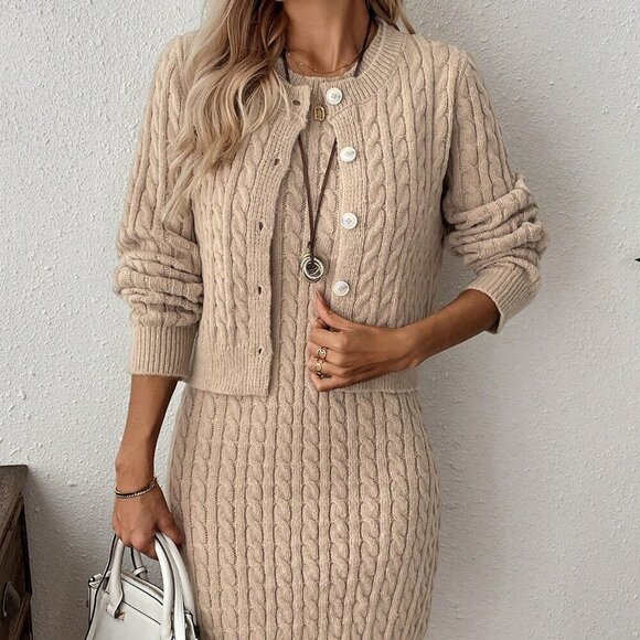 Khaki Casual Women's Button Front Cardigan & Jumper Dress 2-Piece Set - Picture 2 of 6